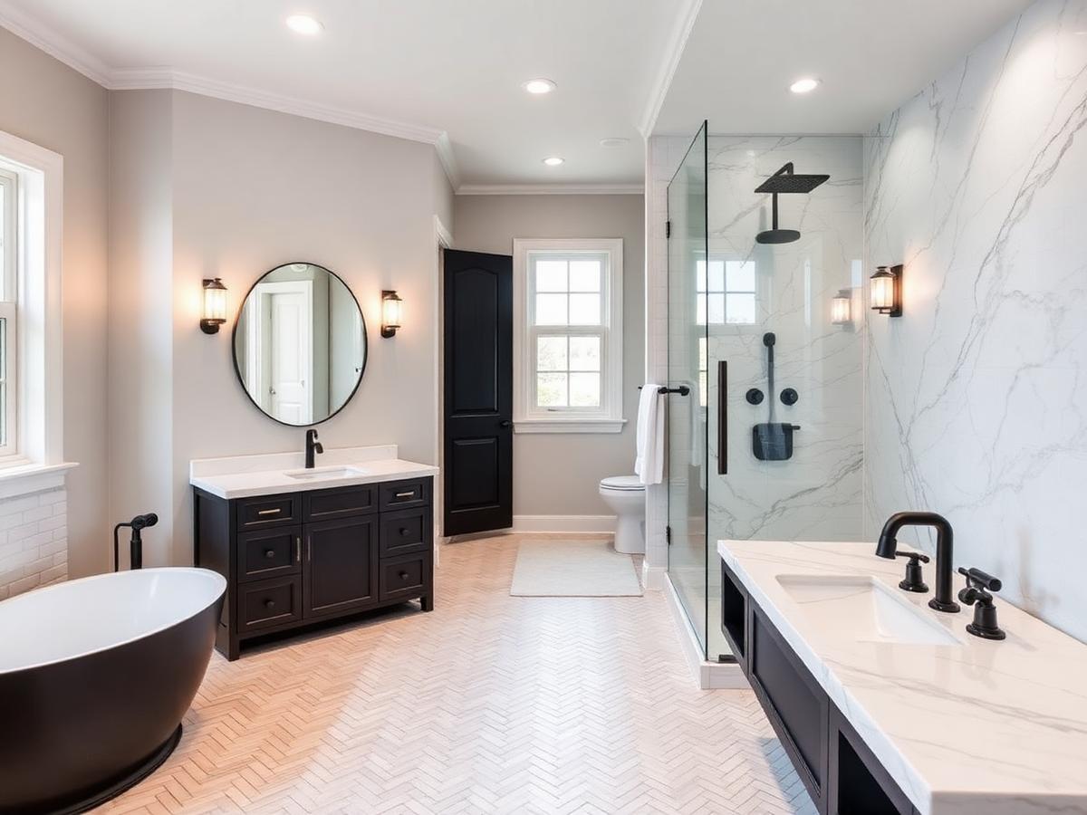 Luxurious primary bathroom with freestanding tub and marble shower after renovation