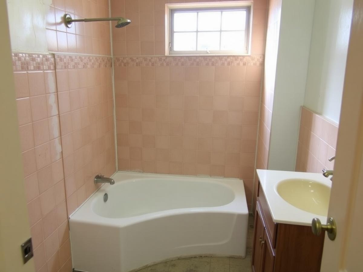 Cramped 1970s pink-tiled bathroom before renovation