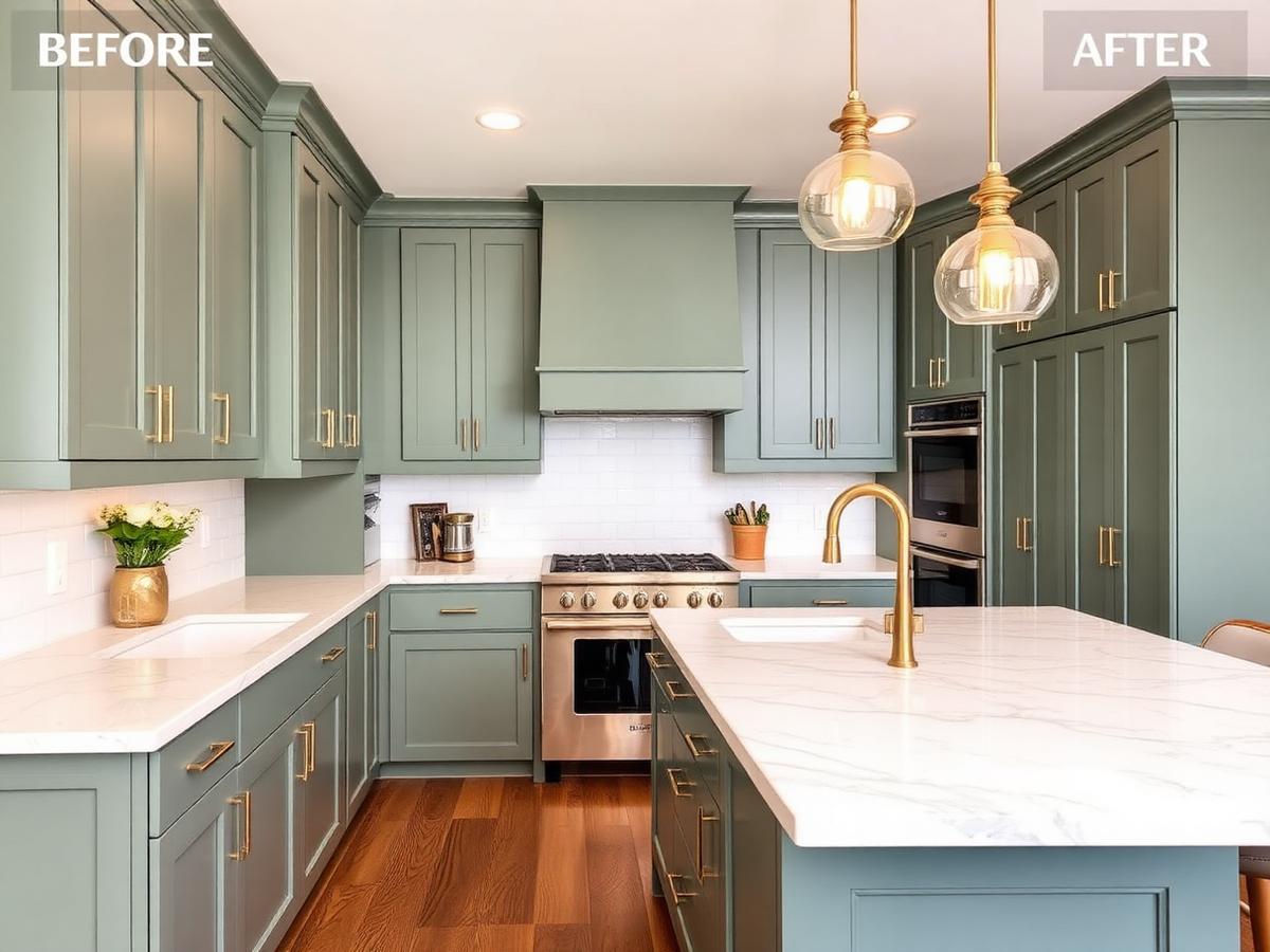 Sage green shaker kitchen with marble waterfall island after renovation