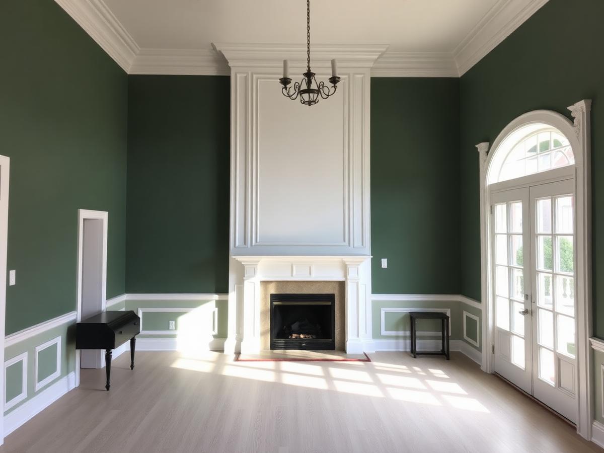 Deep sage formal living room with crisp white trim after painting