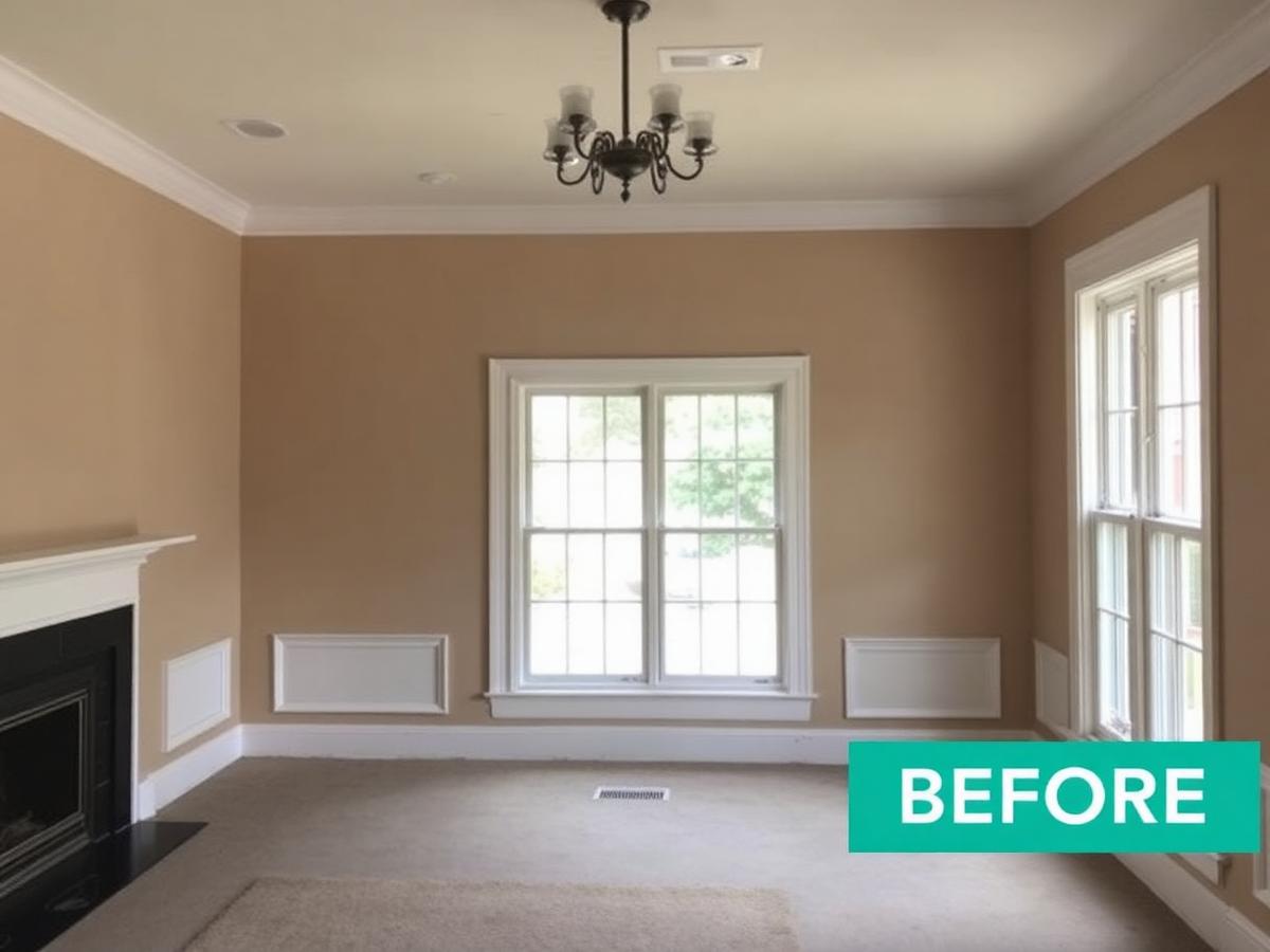 Tan-painted formal living room with dated finishes before painting