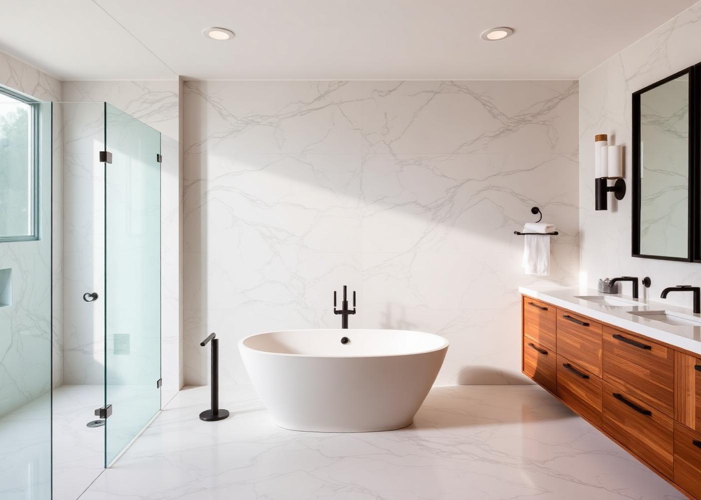 Marble primary bathroom with freestanding tub
